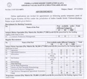 Cg Sarkari Jobs indira gandhi krishi vishwavidyalaya raipur recruitment